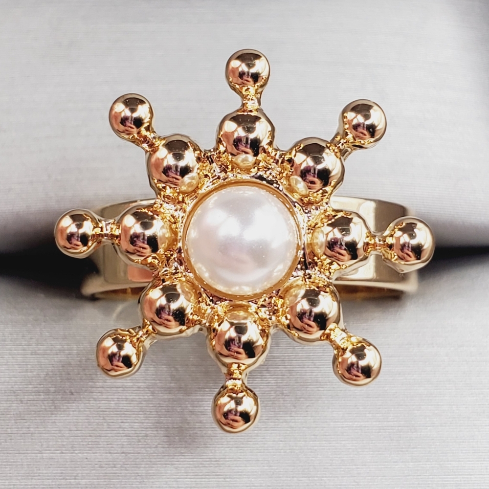 Yellow Gold Plated Pearl Ring Flower Ring Star Ring Statement Ring